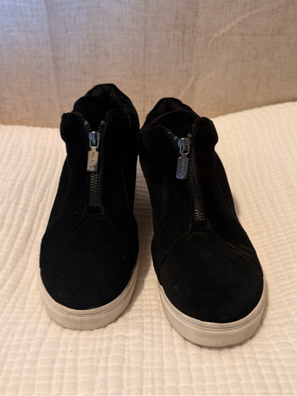 Blonde Black Suede Zip-Front Sneakers